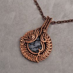 Wire wrapped copper pendant this natural snowflake obsidian / Unique gemstone round necklace / Powerful positive energy