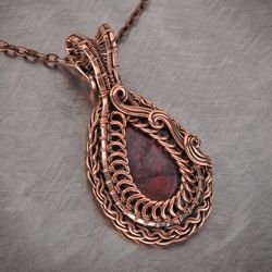 jasper pendant wire wrapped necklace for woman antique style artisan copper jewelry / 7th anniversary gift idea for wife