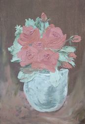 roses in a vase oil painting original art pink flowers in a vase impasto art handmade wall art 11.5x8 inch