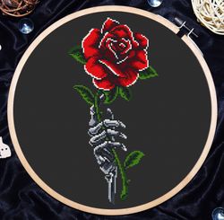 Gothic cross stitch, Skeleton hand with red rose, Anatomy cross stitch, Cross stitch flowers, Digital PDF
