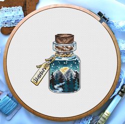 Landscape cross stitch patterns, Mountain and forest in bottle cross stitch, Night sky cross stitch, Moon lights