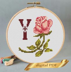 Floral letter Y pdf cross stitch Flower monogram alphabet easy embroidery