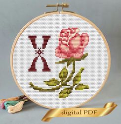 Floral letter X pdf cross stitch Flower monogram alphabet easy embroidery