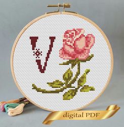 Floral letter V pdf cross stitch Flower monogram alphabet easy embroidery