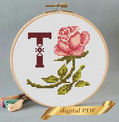 Floral letter T pdf cross stitch Flower monogram alphabet easy embroidery