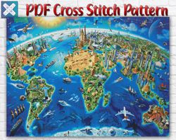 World Map Cross Stitch Pattern / Earth Map Cross Stitch Chart / Ocean Map Cross Stitch Pattern / Printable PDF Chart
