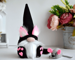 Plush black cat gnome with mouse