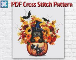 Halloween Cross Stitch Pattern / Cat Cross Stitch Pattern / Floral Still Life Cross Stitch Pattern / Printable PDF Chart