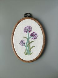 Finished hand embroidery, Lilac flowers wall art, Purple Allium, Wildflowers