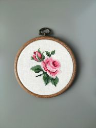 Blushing rose, Finished embroidery, Cross stitch flowers, Hand embroidered Flowers in Vintage style