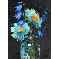 Tibetan Poppies Original Art Floral Oil Painting Exotic Flowers Blue Floral Original Wall Art Bluebells Small Painting