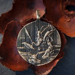 Pagan god Odin with wolves pendant on leather cord. Viking handcrafted necklace. Norse mythology. Scandinavian jewelry.