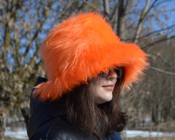 Bright orange hat. Faux fur bucket hat. Festival fuzzy neon hat. Acid orange fluffy hat. Rave shaggy hat. Furry hat.
