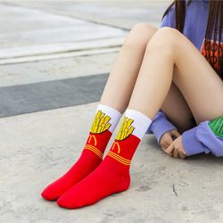 Meias de algodao vermelha, meias MacDonald s, meias divertidas, meias criativas, meias cano longo quente, meias unissex