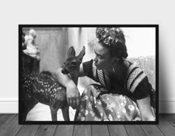 Black Frida Kahlo photo print Digital, Frida Kahlo with deer poster, frida kahlo  animal art print, Feminist poster