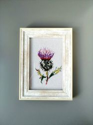 Thistle Flower Wall Art, Embroidery Hoop, Finished Fiber Art, Wall decor