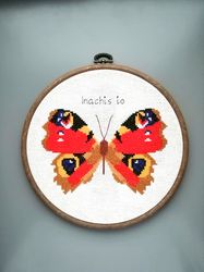 Peacock Butterfly, Embroidery Hoop Art, Finished Cross Stitch, Wall decor 7" hoop
