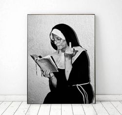 funny nun middle finger vintage photo printable , vintage photo print, black and white photo, photo art print, wall art
