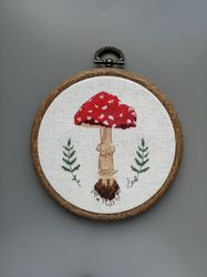 Amanita Embroidery, Mushroom with Fern, Botanical Cross Stitch, Cottagecore decor