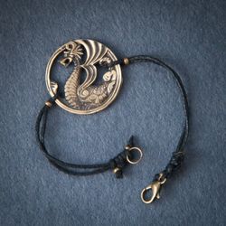 Dragon bracelet on cotton rope with beads. Handmade Viking bangle. Scandinavian jewelry. Pagan Adjustable bracelet.