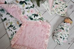 Personalized Matching Baby Gift, Baby girl Mink Blanket, Floral Baby Blanket gift Set-Knit Swaddle Blanket- Burp Cloths