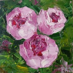 Three pink peonies | Original oil painting Floral Impasto technique Green flowers Abstract Art work