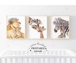 Set of African animals Moms and Babies flowers crowns for Baby Shower Gift Nursery wall art Decor Animal baby prins