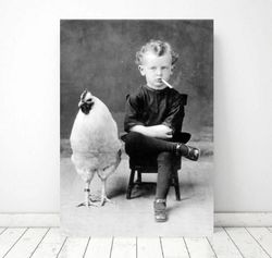 vintage photo printable smoking boy with chicken, vintage photo print, black and white photo, photo art print, strange a