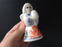 unique ceramic candle holder | angel sculpture candle holder | russian folk art style gzhel with red rose
