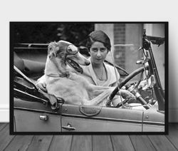 Vintage photo printable Woman and Dog in car, Vintage Female photo, Animal vintage print
