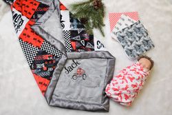 Personalized Matching baby Gift, Motocross Minky Blanket, Dirt Bike Baby Blanket Set-Knit Swaddle Blanket- Burp Cloths