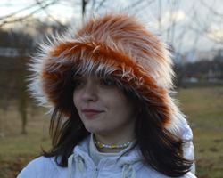 Ginger faux fur bucket hat. Festival fuzzy neon hat. Ginger with white fluffy hat. Rave bucket hat. Bright shaggy hat.
