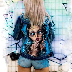 women denim jacket hand painted, painted jean clothes, designer girls drawing, wearable art custom clothing street style