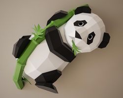 DIY Paper Panda on bamboo, papercraft model, polygonal paper craft, papercraft PDF template, 3D origami pepakura,