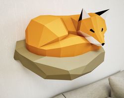 Papercraft Fox on rock, paper model, 3d paper craft, paper sculpture PDF template, low poly animals papercraft