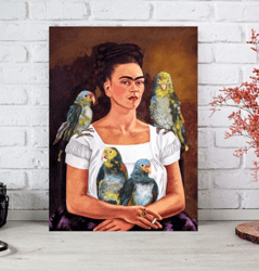 Frida Kahlo print, Frida Kahlo with animal parrots poster, Frida Kahlo wall art, Feminist poster, Digital