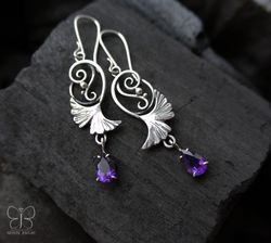 wire wrap earrings ginkgo leaf sterling silver amethyst botanical earrings plant earrings