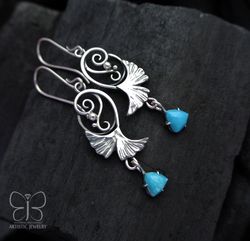 Turquoise earrings Flower earrings Ginkgo leaf Sterling Silver botanical earrings Plant earrings