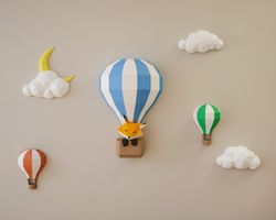 Papercraft Balloons and Clouds, paper craft sky panorama, moon paper model, Fox in the balloon, kid's room PDF template