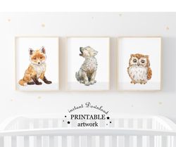 Woodland Full body animals print set, Animal prints for nursery, Digital,  Bear, Owl, Wolf, Nursery decor, Nursery Art