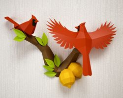 Papercraft Birds on a branch with lemons, Northern Cardinal low poly paper model, Paper craft PDF template, printable 3D