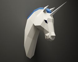 DIY Unicorn Head, licorne Paper Animal trophy, 3D Paper model, Low Poly paper craft sculpture, papercrafting, pepakura