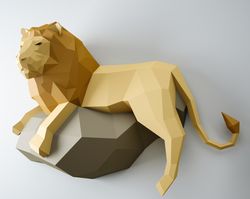 Papercraft Lion, 3D paper model, PDF paper craft template, low poly leo, wall decor DIY gift, animal paper trophy