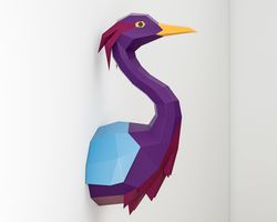 Papercraft Blue Heron, paper craft model egret, template stork, low poly bird crane, violet flamingo pattern, pepakura