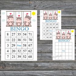 Hippo bingo cards,Hippo bingo game,Safari animals printable bingo cards,60 Bingo Cards,INSTANT DOWNLOAD--291