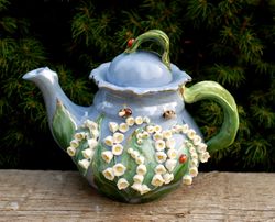 Beautiful blue teapot. Decor lilies of the valley and bees. Porcelain art. Handmade teapot made to order 30 days