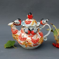 Porcelain Art teapot Birds figurines Rowan berries Bullfinch Sculpture Teapot Ceramic Collectible ware Natural motives