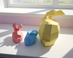 Papercraft Bunny, 3D paper craft model, Rabbits family paper sculpture kit, PDF Papercraft animals, DIY pattern template