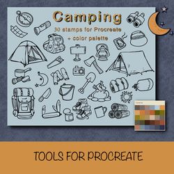 Procreate stamps camping, Procreate color palette, holiday camp stamps, collage stamps, campsite planner stamps,