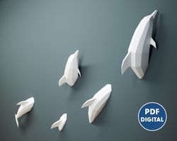 Papercraft PDF dolphins, 3D origami paper craft DIY kit, Home decor, low poly Animal model template, whale fish trophy
